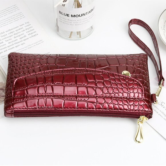 $10 ADD ON ITEM- Red Croc Embossed Clutch Wallet Leather Wristlet Purse Zipper - Picture 5 of 6